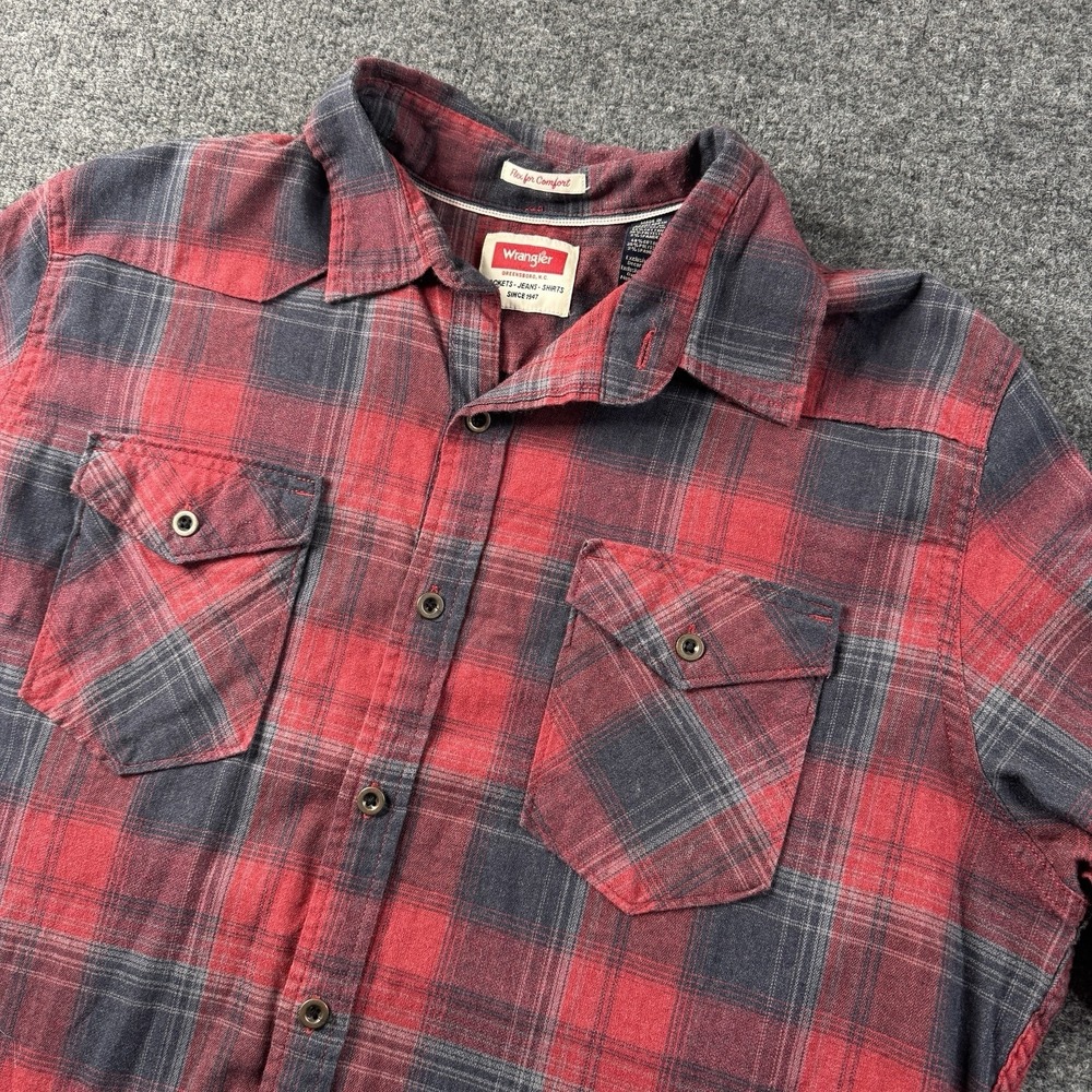 Men's Wrangler Flex for Comfort Plaid Button Down Shirt Black Red L